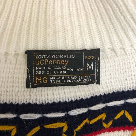 Vintage 90s JCPenney Fair Isle Ski Sweater Mock Neck Navy White Medium - Picture 11 of 11